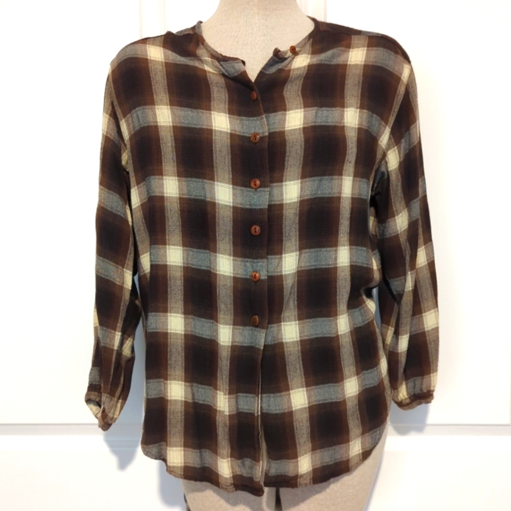 Vintage GAP Womens Size M Brown White Plaid Long Sleeve Button-Down Shir…
